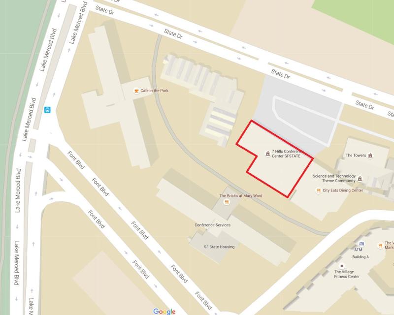Map highlighting the location of the Seven Hills Conference Room on the southwestern quadrant of San Francisco State University
