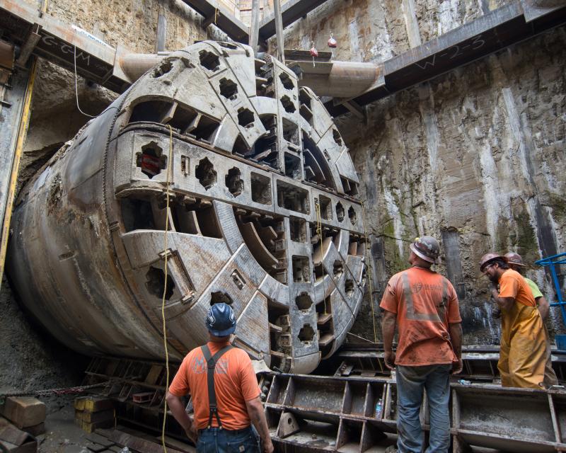 Tunnel boring machine Mom Chung emerging from the TBM retrieval shaft in North Beach