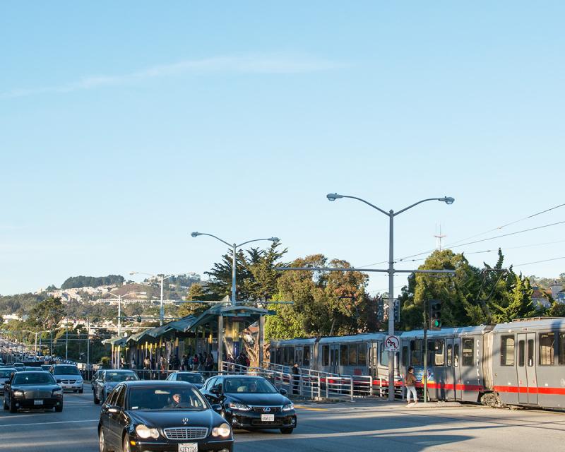 19th Avenue and Holloway Avenue with M Ocean View Line Light Rail