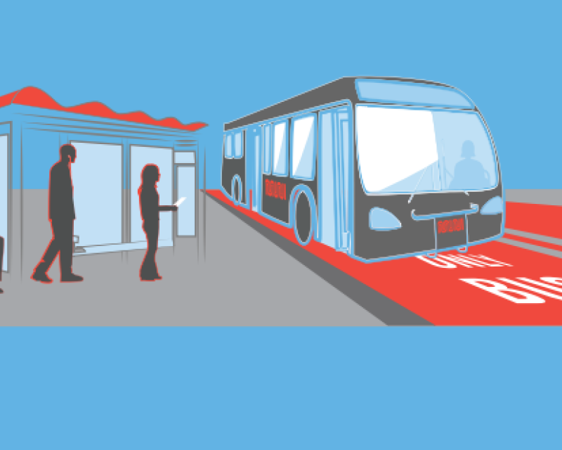 Graphic of bus with red transit only lanes