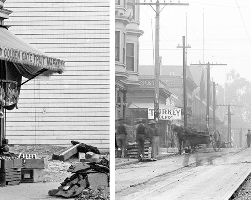 split screen photos of shops in 1906
