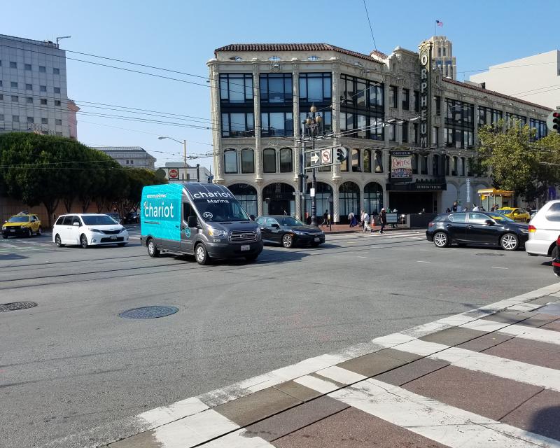 A Chariot vehicle crosses Market Street
