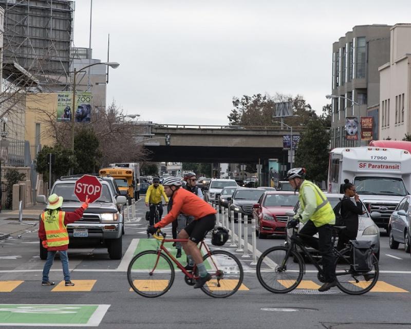 Bikes in the crosswalk. 