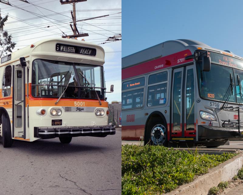 split images of 1975 and 2018 trolley coaches