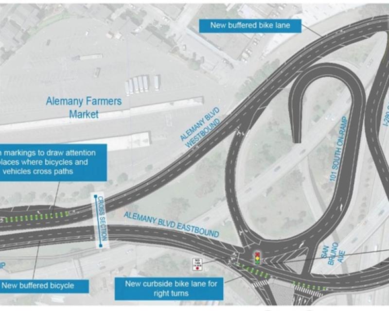 Color drawing showing conceptual design of Alemany Boulevard from Putnam Street to Bayshore Boulevard with new bike lanes 