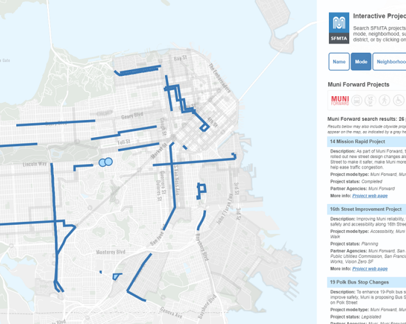 The SFMTA Interactive Projects Map with Muni Forward projects highlighted.