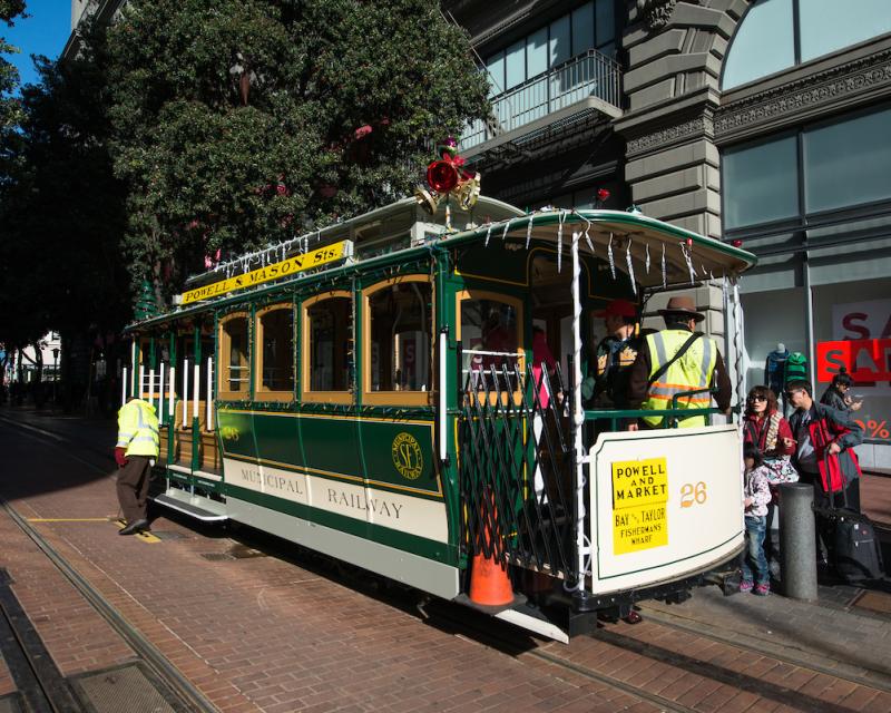Powell Line Cable Car with Christmas decorations.