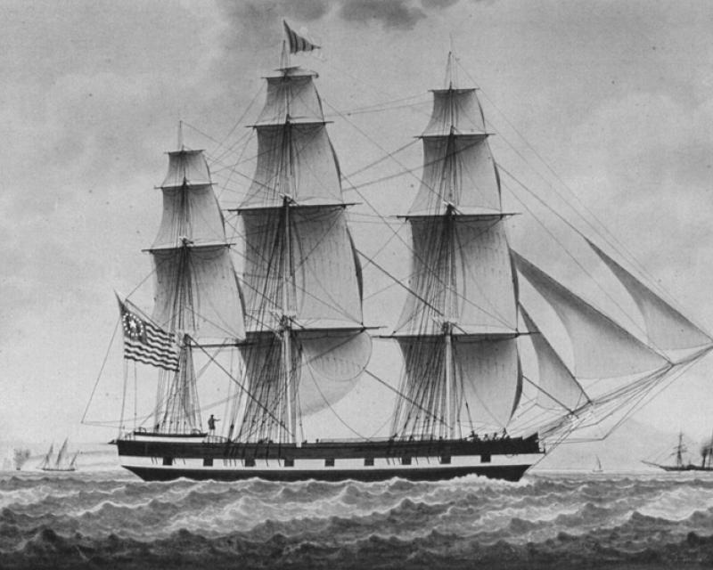 painting of sailing ship rendered in black and white