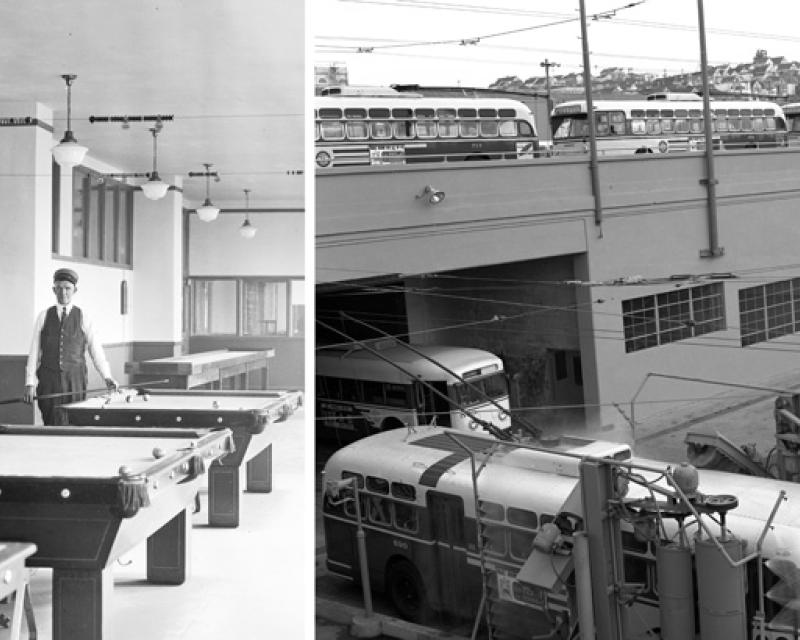 split image of men with pool table and buses at potrero yard