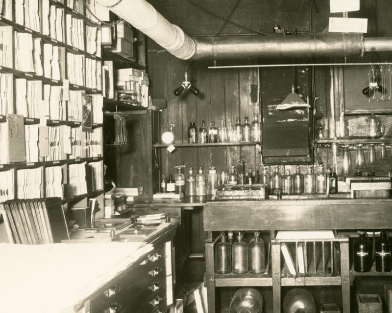 darkroom filled with photo equipment and chemicals