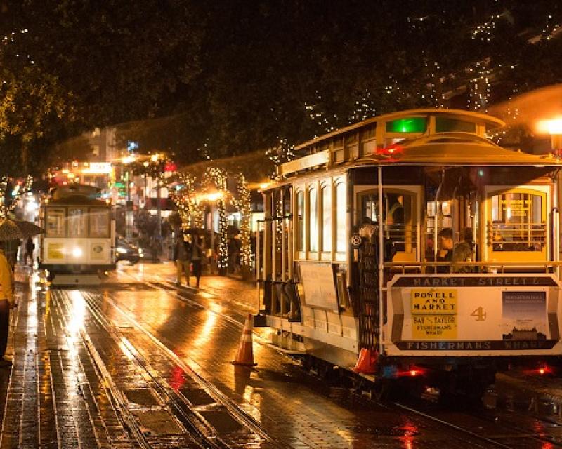 Cable Car decorated for the holidays.