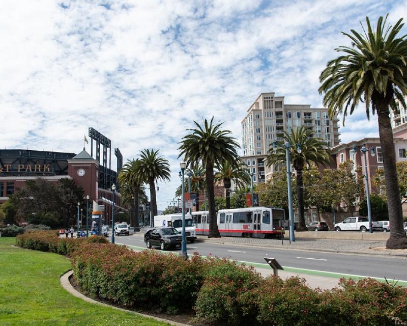 LRV passing by the ballpark along The Embarcadero