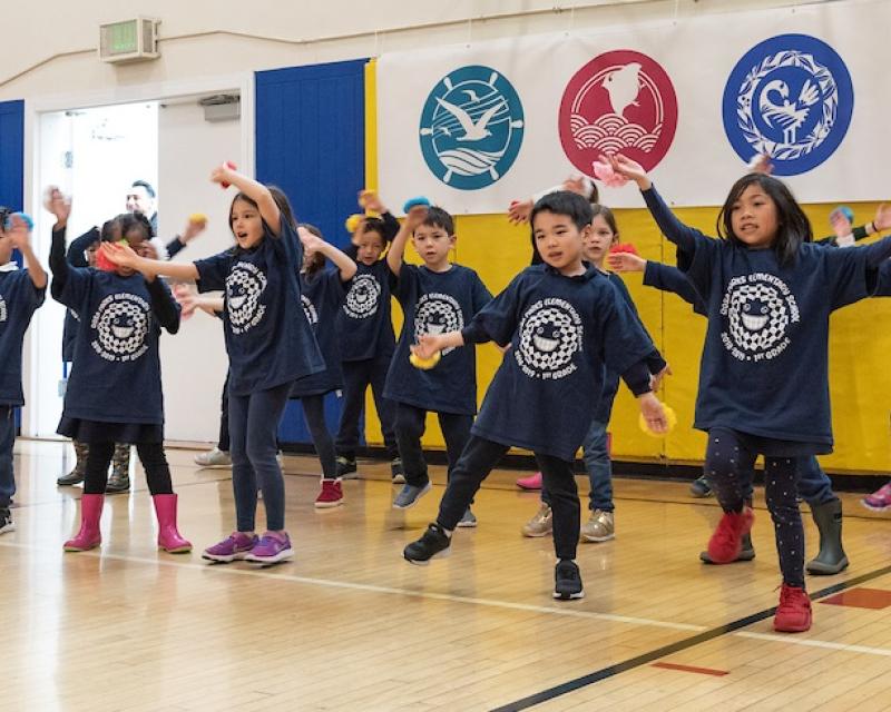 First graders from Rosa Parks Elementary School dance to the Japanese song “Paprika,” commemorating the 2020 Olympics in Tokyo.