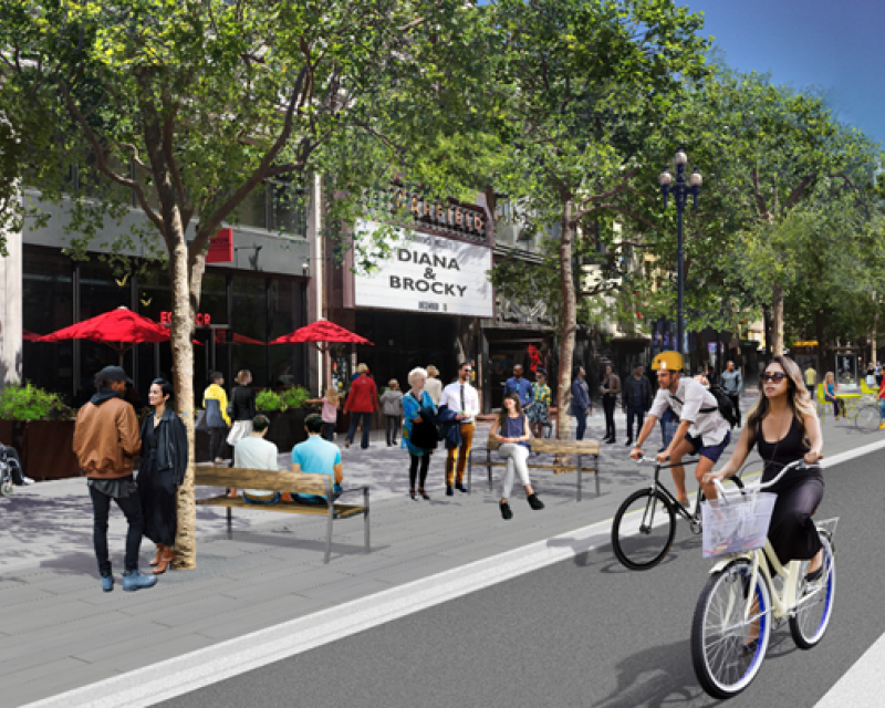 Rendering including Better Market Street’s sidewalk level bike lane, new trees and improved streetscape elements. 