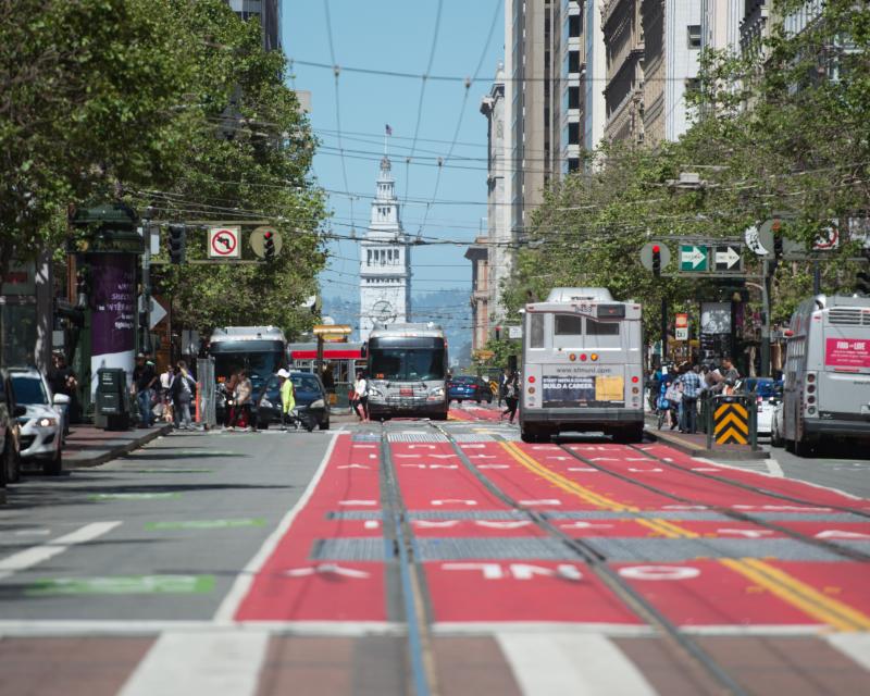 Red transit lanes on Market Street