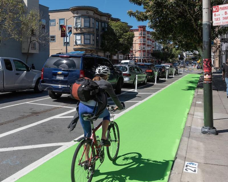 freshly painted bike path on Valencia