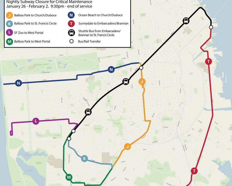 Subway bus substitution map of San Francisco