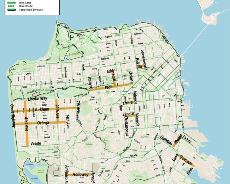 map showing slow street possible streets with bike paths