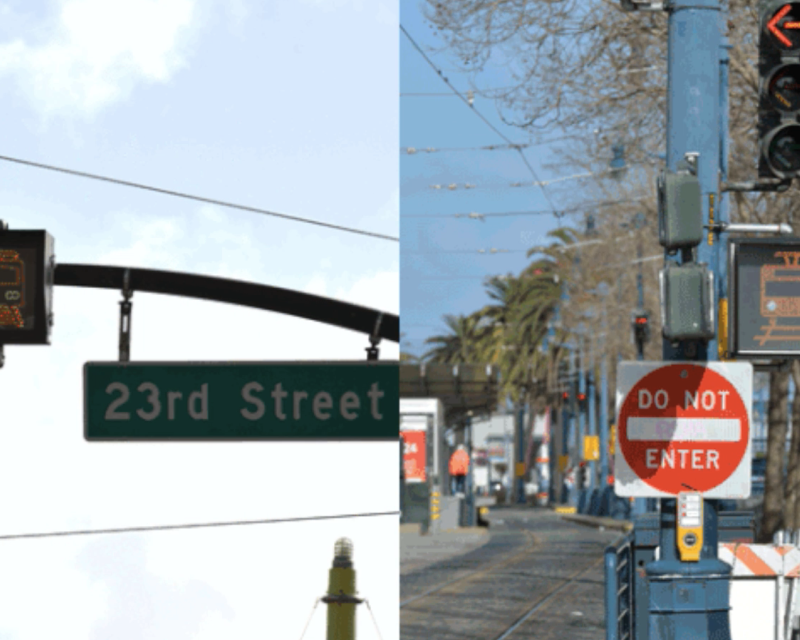 Left: traffic signal with train icon, attached to horizontal pole. Right: A traffic signal with train icon, attached to vertical