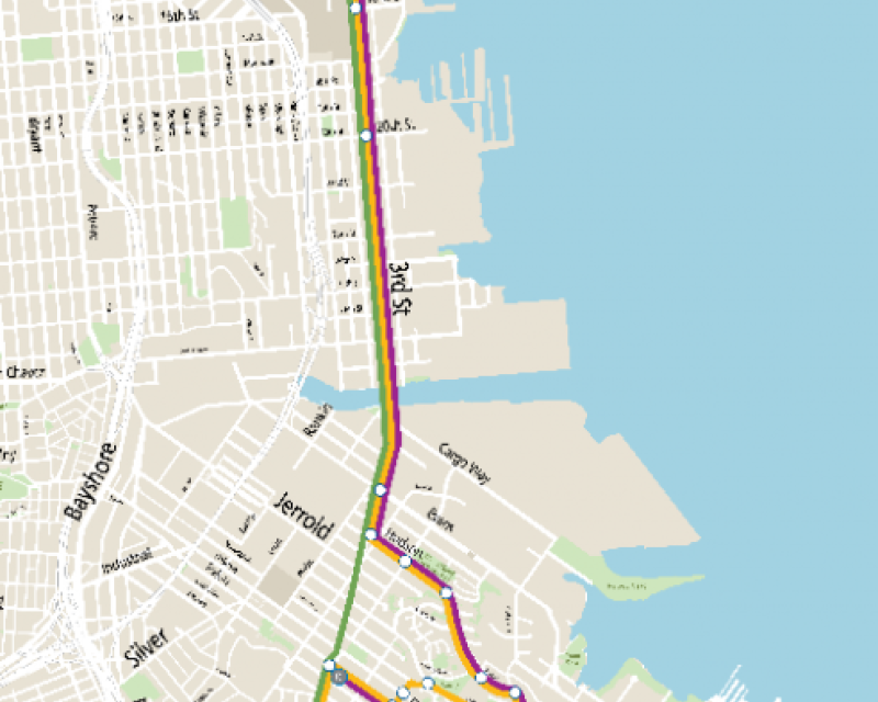 A map showing possible routes for a new express service between Bayview-Hunters Point and downtown.