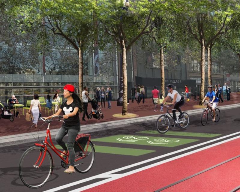 Illustration of people on bicycles on Market Street