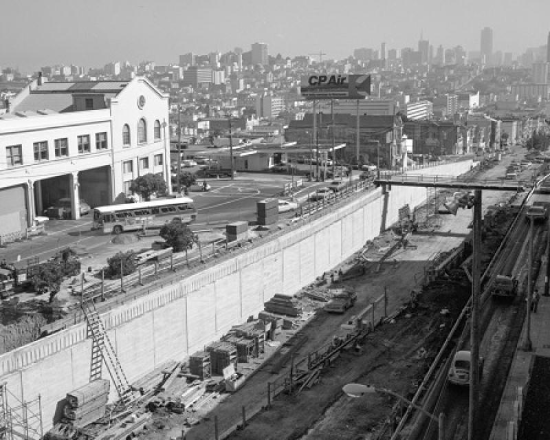 Photo of the Geary Expressway under construction near Presidio Street in the 1960s.