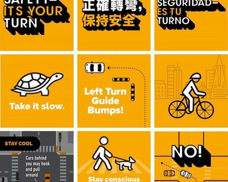 nine posters with these messages: "safety it's your turn" in english, chinese and spanish, "take it slow" with an image of a tur