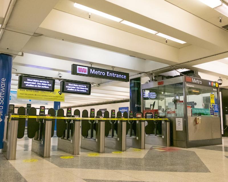 Image of closed Muni Metro turnstiles
