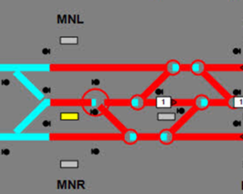 View of the failure that occurred March 3, 2020, from the TMC control center. Disturbed track switches are circled and disturbed