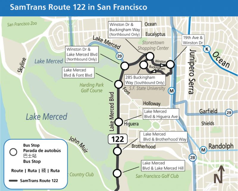 Map of new SamTrans stops in the Lake Merced neighborhood