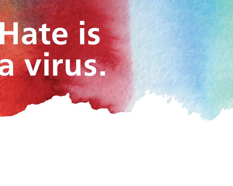 "Hate is a virus" with watercolor background