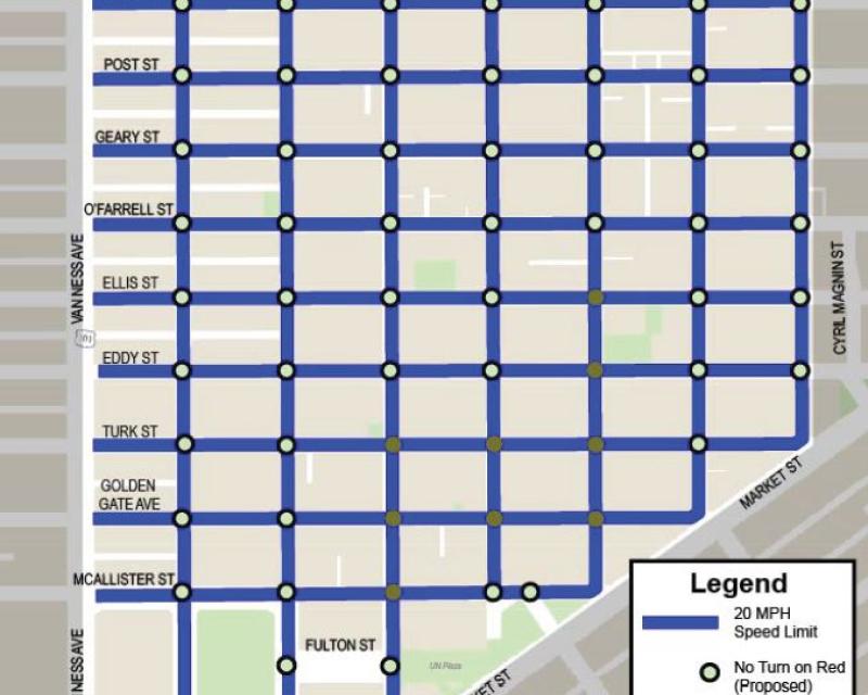 Map showing locations of 20 MPH speed zones and no turn on red locations