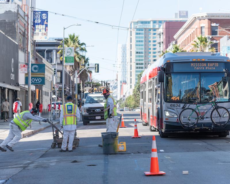 Paint Shop Crew Grinding Old Pavement Markings for Installation of Transit Only Lanes on Mission Street on September 23, 2020