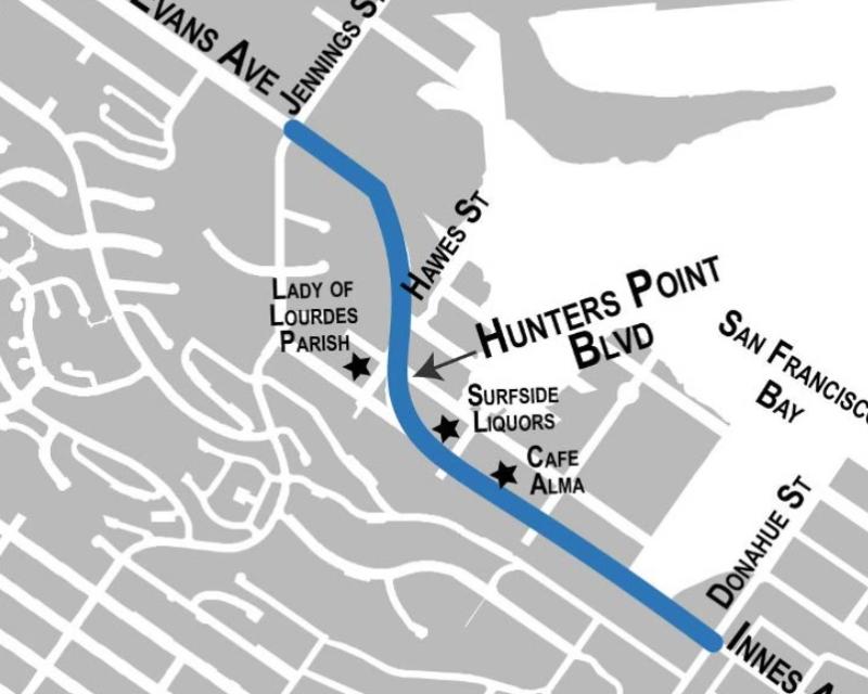 Map highlighting Evans Avenue, Hunters Point Boulevard and Innes Avenue in the Bayview