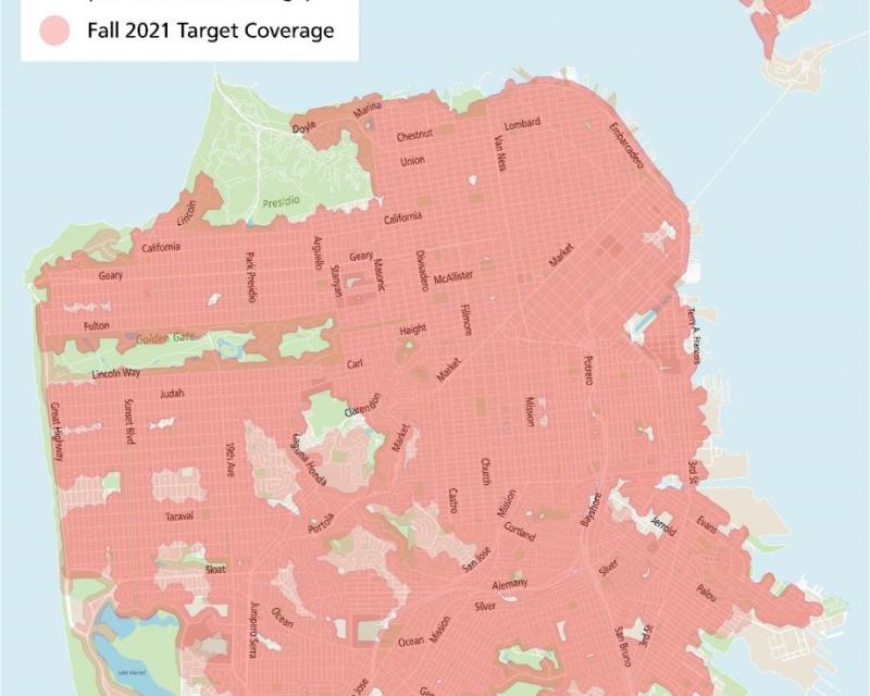 Map of San Francisco showing 91 percent of city shaded in where customers are within 2-3 blocks of Muni service