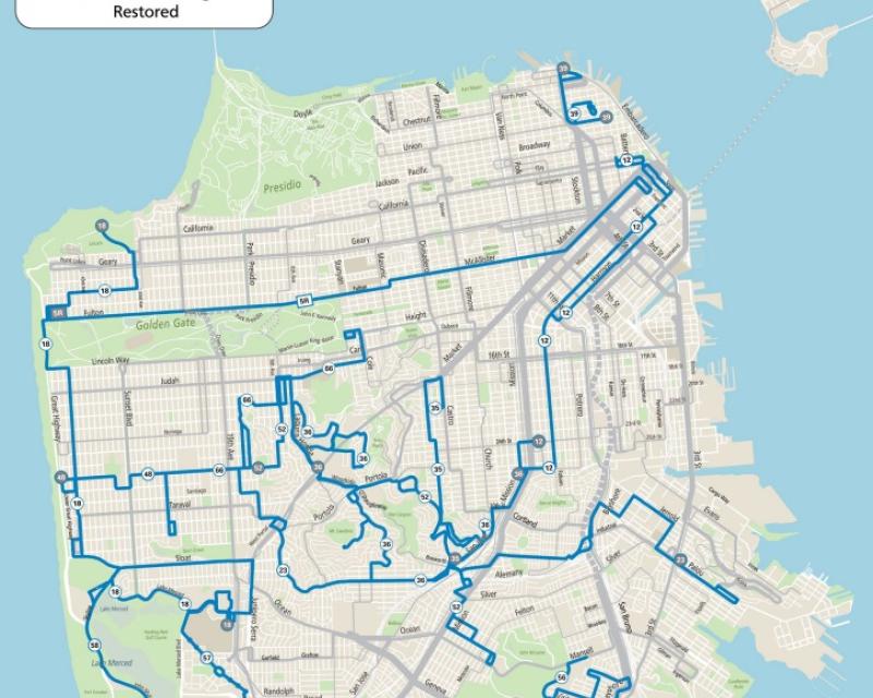 Map showing In August 2021, 98% of residents and 100% of equity neighborhoods could be within a ¼ mile of a Muni stop