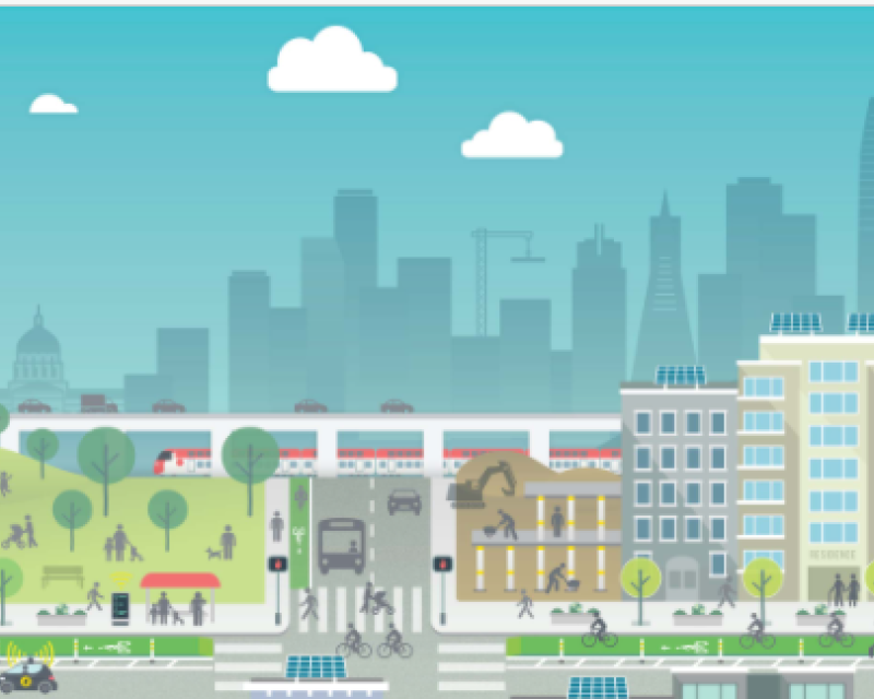 artist rendition of imagined streetscape with trains, cars, bicycles and pedestrians