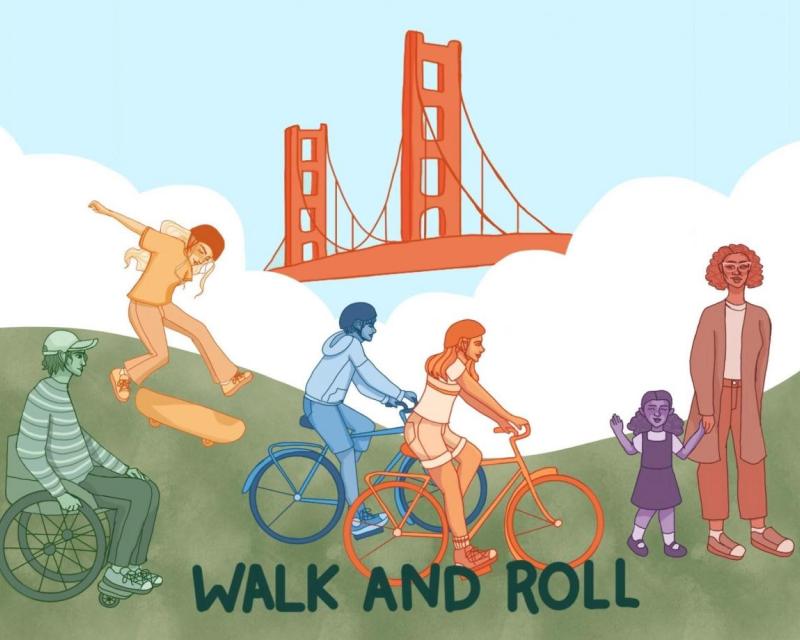 Cartoon of people walking, biking, skateboarding and using a wheelchair