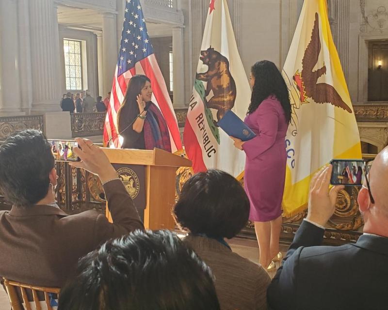 Stephanie Cajina, the SFMTA's newest Board of Director being sworn in on Friday, February 18th, 2022