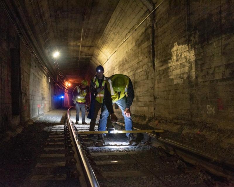 Maintenance of Way Engineering conducting track and ballast inspections during early subway shutdowns