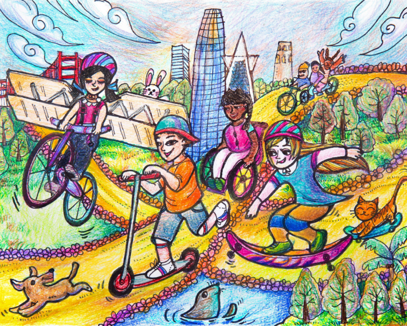 SFUSD student illustration of children on wheeled transportation in San Francisco promoting Bike and Roll to School Week. 