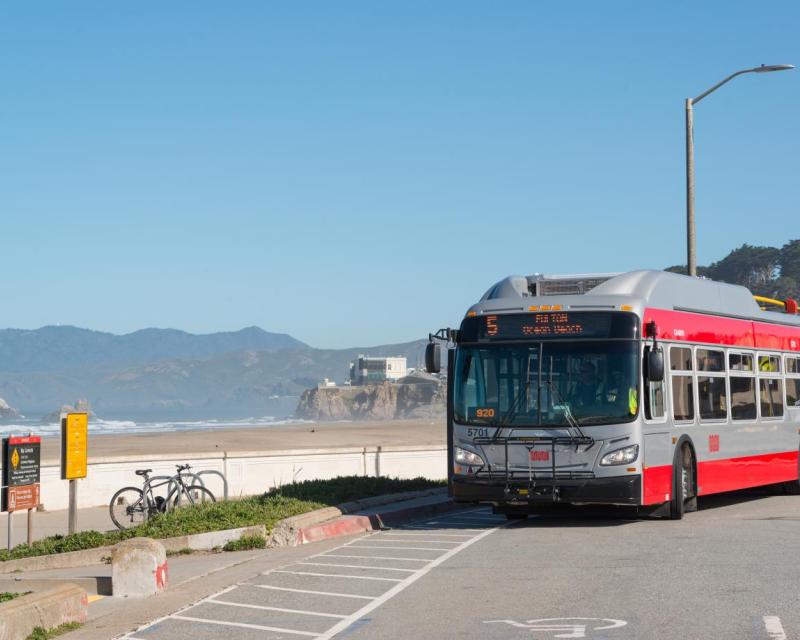  Image of a Muni bus stopped along Ocean Beach in San Francisco.