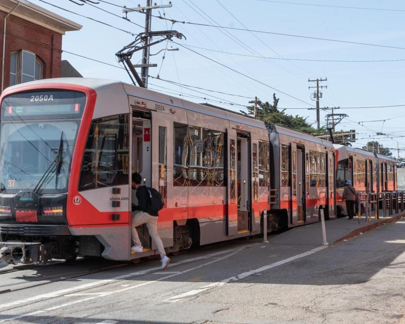 Passengers boarding an M Ocean View train