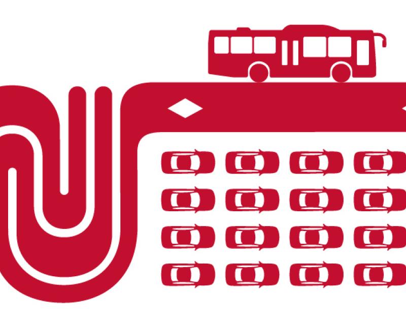Graphic of the Muni logo that becomes a red lane for a muni bus to pass cars stuck in traffic
