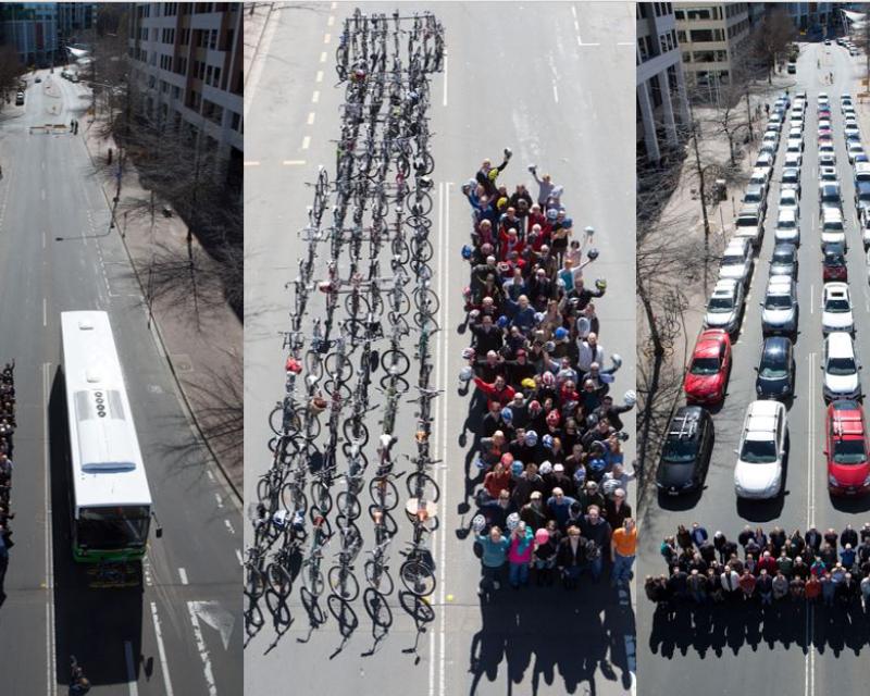 Side-by-side photos of people on a bus, on bikes and in cars; showing a lot more space on road when people use bikes or buses.