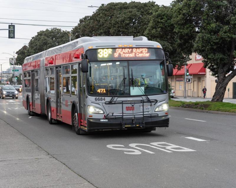 Muni bus traveling in the transit lane on Geary Boulevard