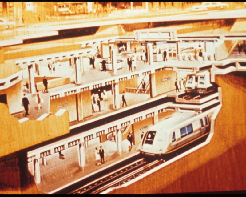 Image of cutaway drawing showing underground subway with Muni and BART trains inside