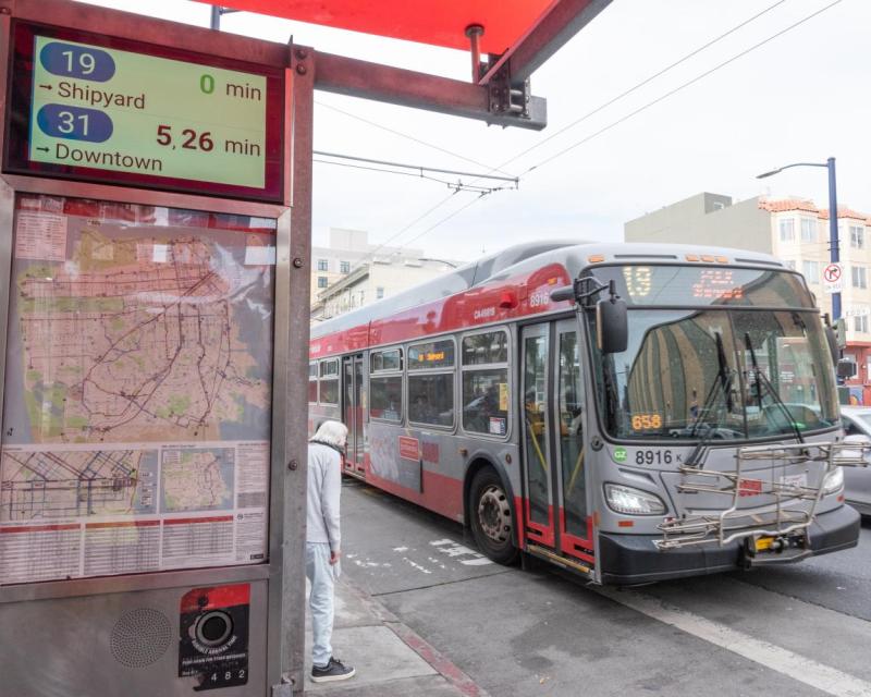 New Muni information screen at a bus shelter above Muni system map. 