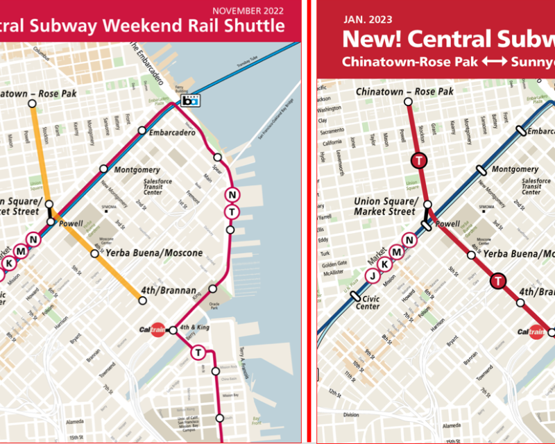 Side by side maps comparing what riders can expect from now until January 7 for the Muni Metro system and the T Third Line. 