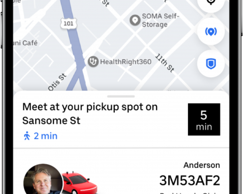 Smartphone image showing an Uber drive progress en route to pick up the rider. 